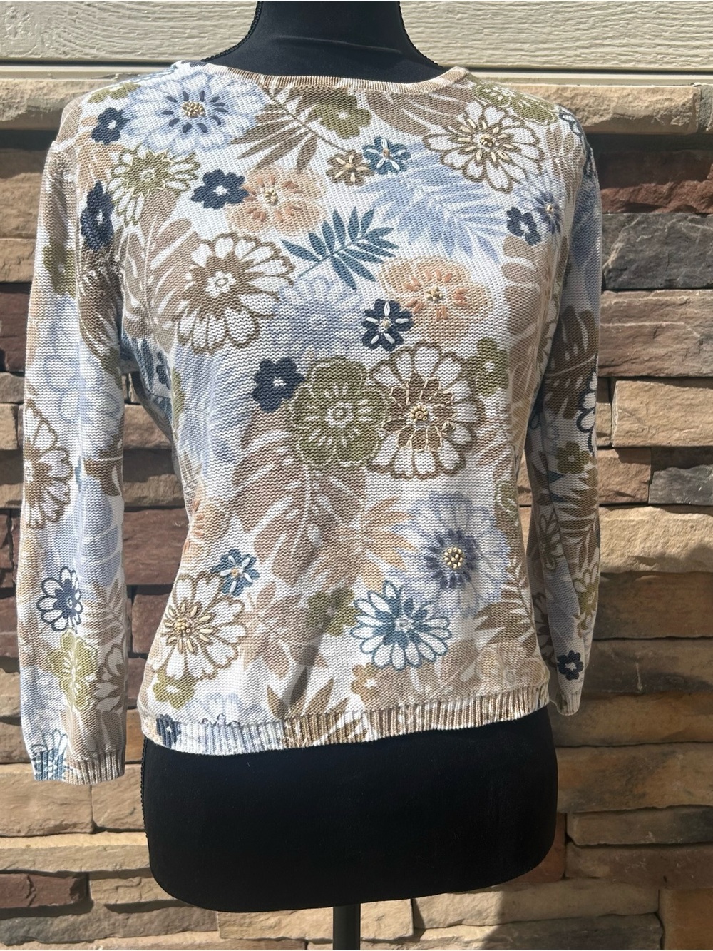 Alfred Dunner Floral Pear Knit Pullover Sweater With Beaded Detail Petite M